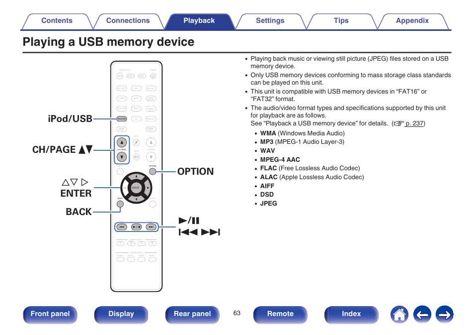 Playing a usb memory device, V p. 63), Front panel display rear panel remote index | Marantz NR1605 User Manual | Page 63 / 275