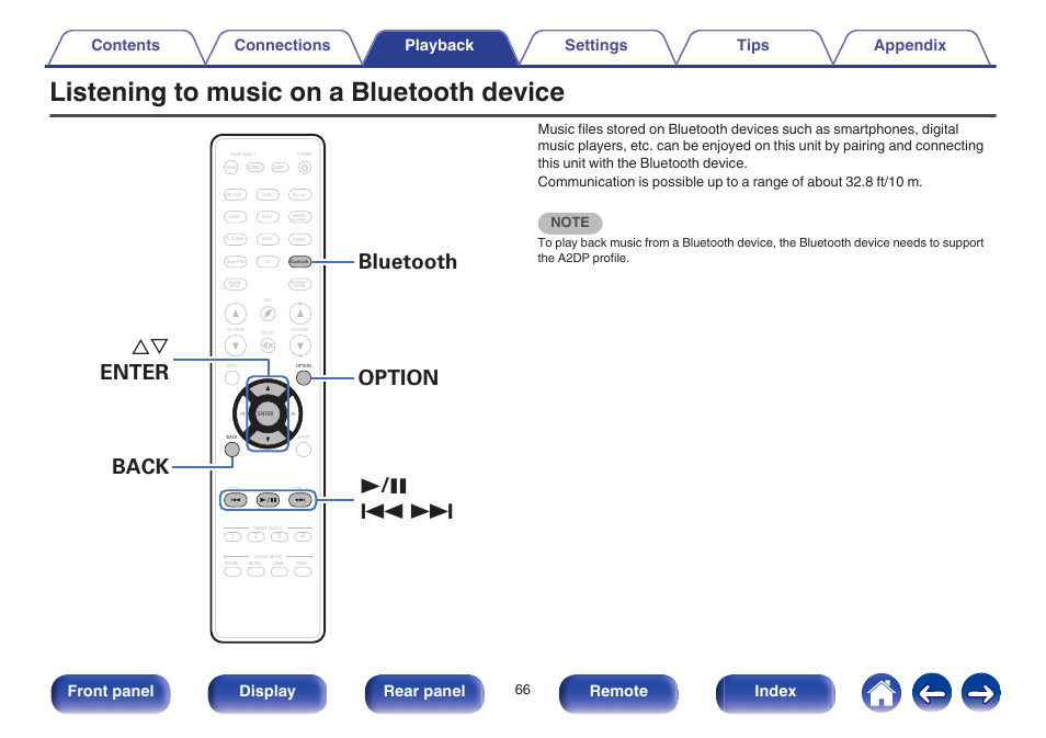 Listening to music on a bluetooth device, Easily ( v p. 66), 1 / 3 8 9 ui enter option bluetooth back | Front panel display rear panel remote index | Marantz NR1605 User Manual | Page 66 / 275