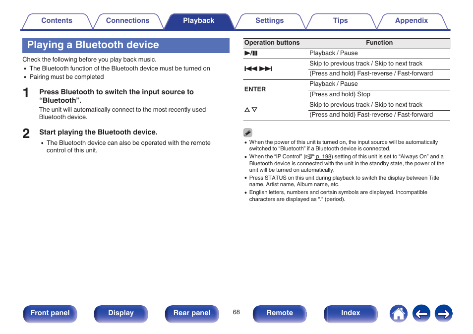 Playing a bluetooth device | Marantz NR1605 User Manual | Page 68 / 275