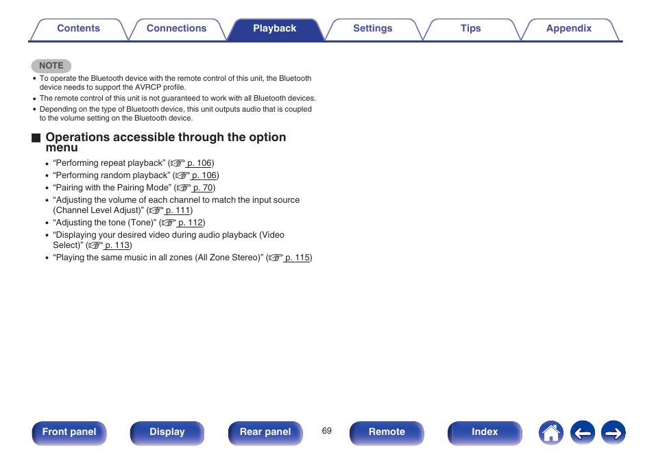 O operations accessible through the option menu | Marantz NR1605 User Manual | Page 69 / 275