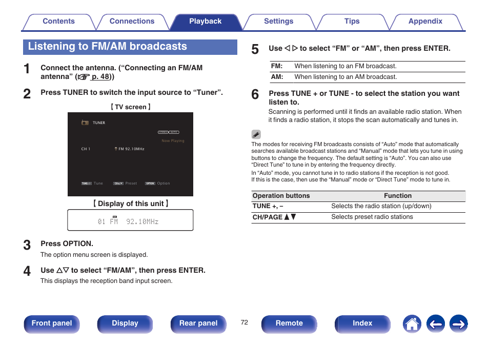 Listening to fm/am broadcasts, V p. 72), Listening to fm/am broadcasts” (v p. 72)) | Marantz NR1605 User Manual | Page 72 / 275