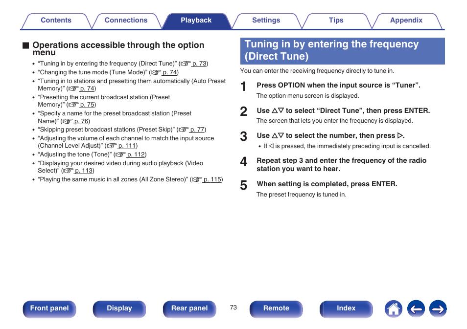 Tuning in by entering the frequency (direct tune) | Marantz NR1605 User Manual | Page 73 / 275