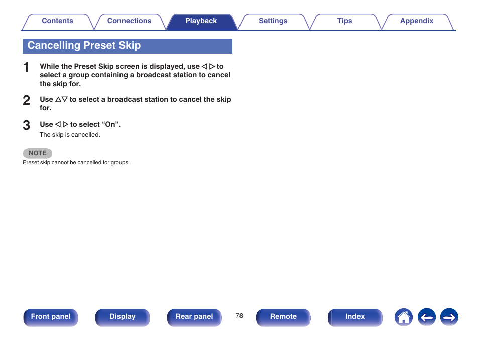 Cancelling preset skip | Marantz NR1605 User Manual | Page 78 / 275