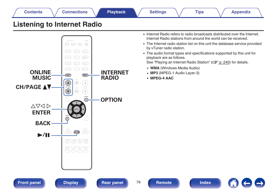 Listening to internet radio, V p. 79), Front panel display rear panel remote index | Marantz NR1605 User Manual | Page 79 / 275
