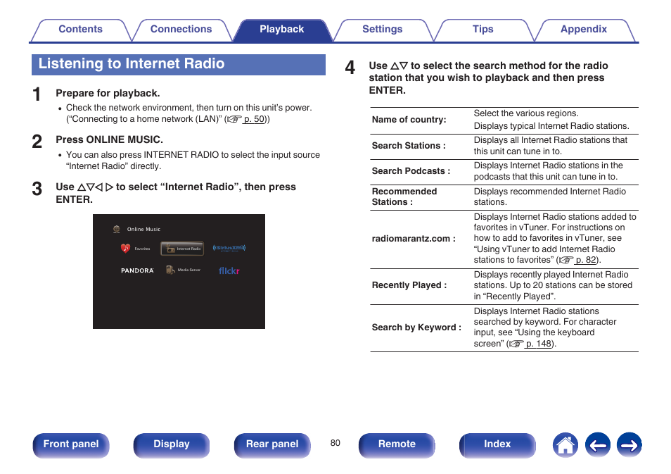Listening to internet radio | Marantz NR1605 User Manual | Page 80 / 275