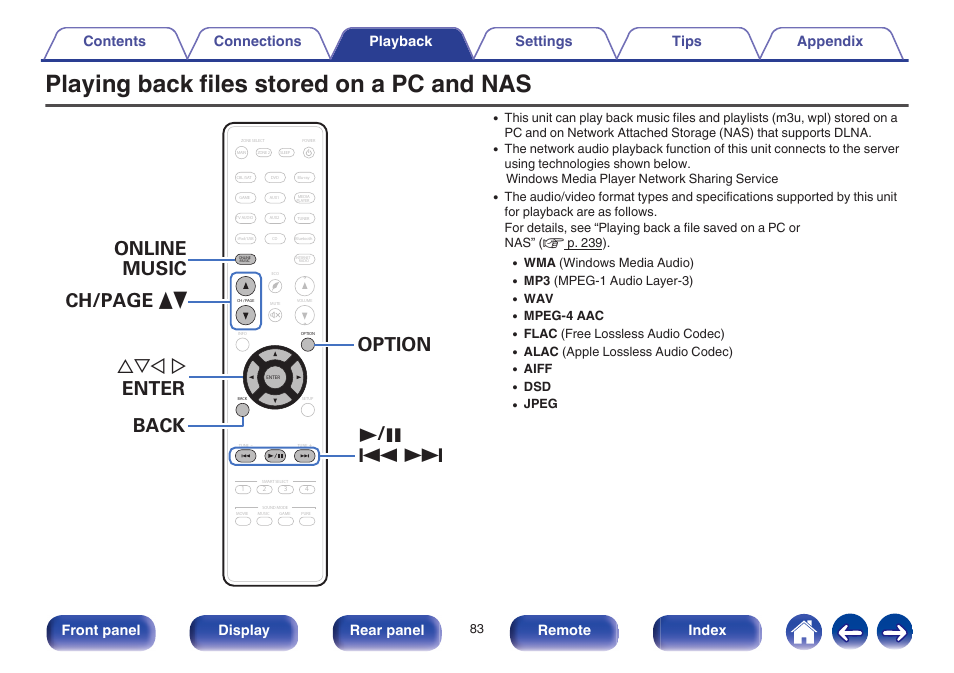 Playing back files stored on a pc and nas, Front panel display rear panel remote index | Marantz NR1605 User Manual | Page 83 / 275