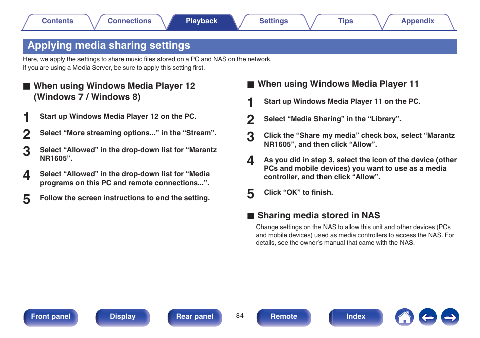 Applying media sharing settings | Marantz NR1605 User Manual | Page 84 / 275