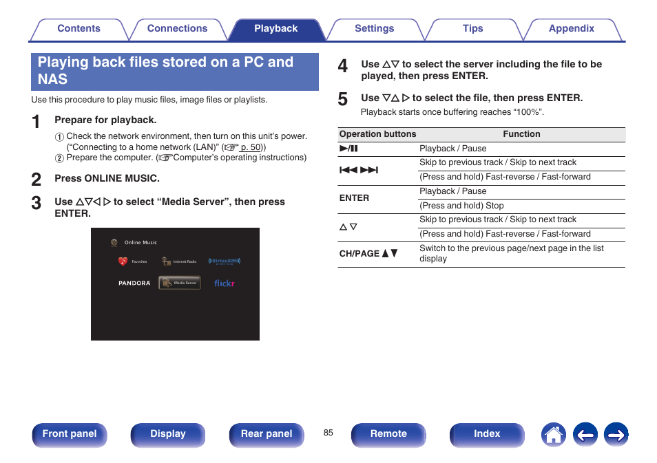 Playing back files stored on a pc and nas | Marantz NR1605 User Manual | Page 85 / 275