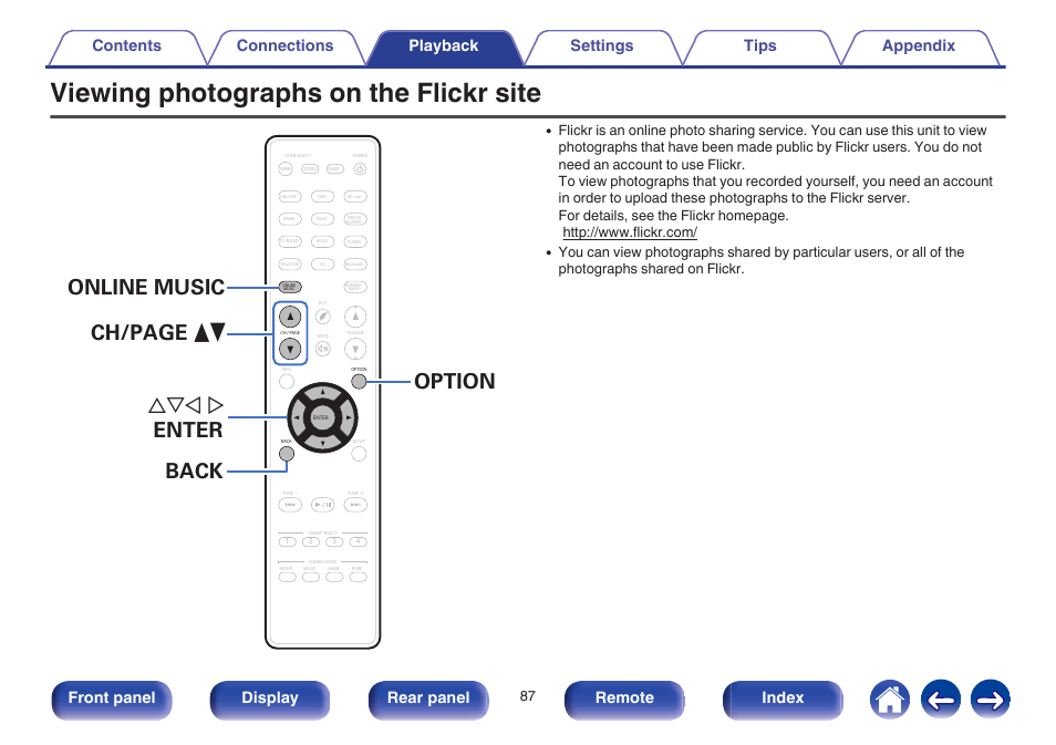 Viewing photographs on the flickr site, Uio p enter option ch/page df back online music, Front panel display rear panel remote index | Marantz NR1605 User Manual | Page 87 / 275