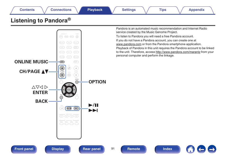 Listening to pandora, Front panel display rear panel remote index | Marantz NR1605 User Manual | Page 91 / 275