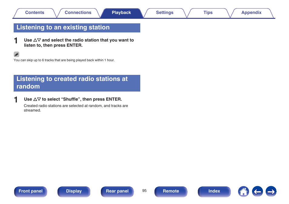 Listening to an existing station, Listening to created radio stations at random | Marantz NR1605 User Manual | Page 95 / 275