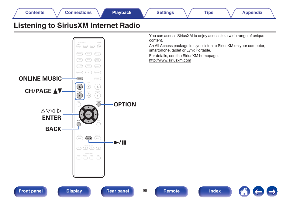 Listening to siriusxm internet radio, Front panel display rear panel remote index | Marantz NR1605 User Manual | Page 98 / 275