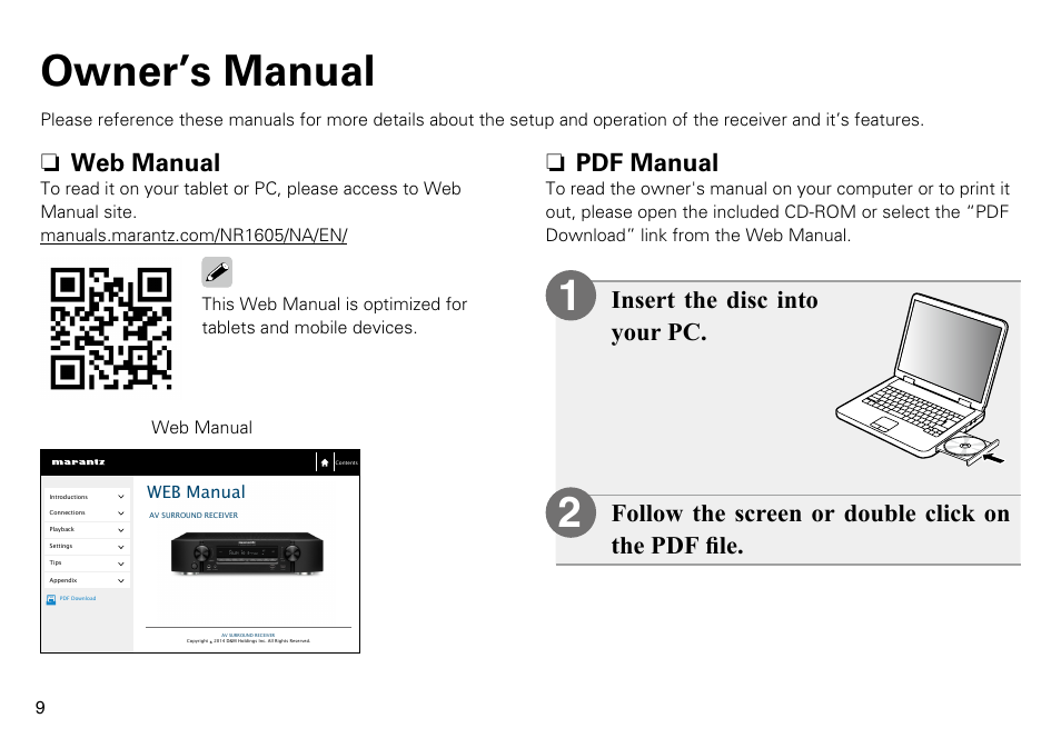 12 owner’s manual, N pdf manual, N web manual | Marantz NR1605 Quick Start User Manual | Page 10 / 11