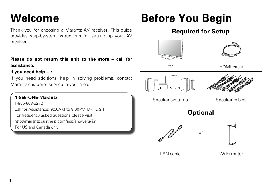 Welcome before you begin | Marantz NR1605 Quick Start User Manual | Page 2 / 11
