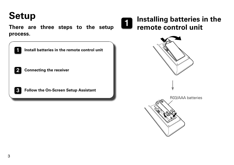 Setup, Installing batteries in the remote control unit | Marantz NR1605 Quick Start User Manual | Page 4 / 11