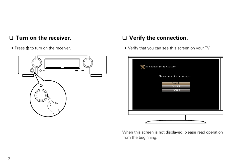 N turn on the receiver, N verify the connection | Marantz NR1605 Quick Start User Manual | Page 8 / 11