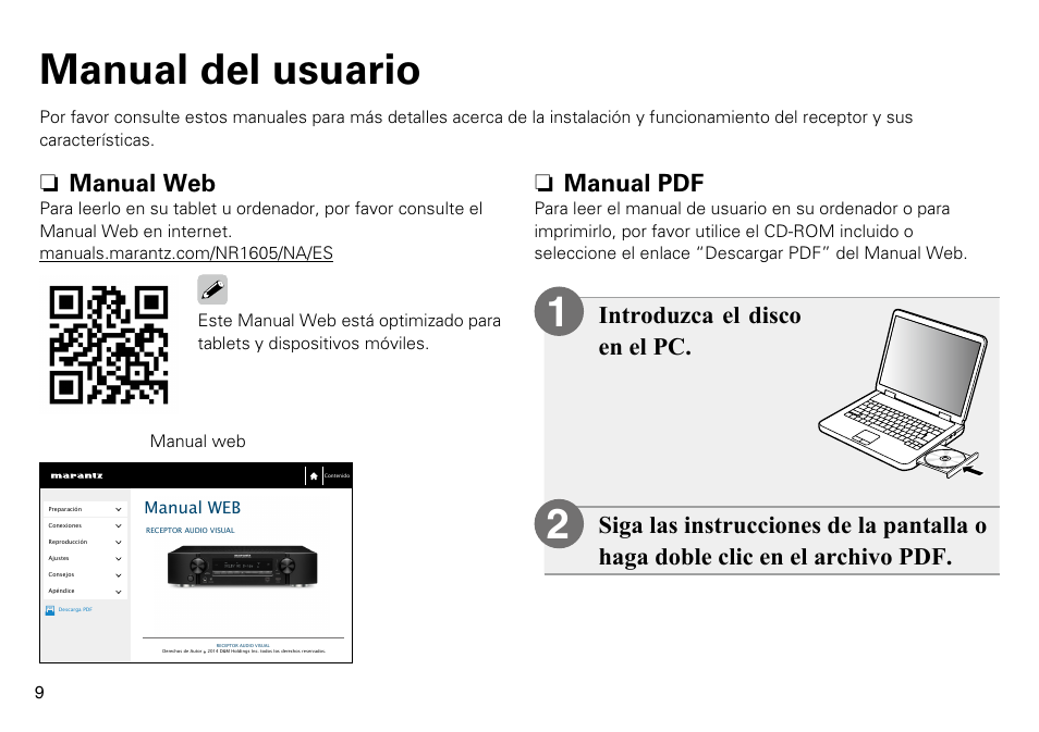 12 manual del usuario, N manual pdf, N manual web | Marantz NR1605 Quick Start User Manual | Page 10 / 11