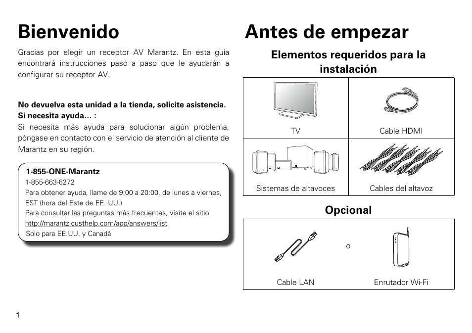 Bienvenido antes de empezar | Marantz NR1605 Quick Start User Manual | Page 2 / 11