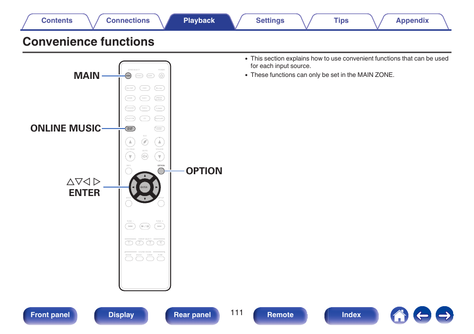 Convenience functions, Main uio p enter option online music, Front panel display rear panel remote index | These functions can only be set in the main zone | Marantz NR1606 User Manual | Page 111 / 291