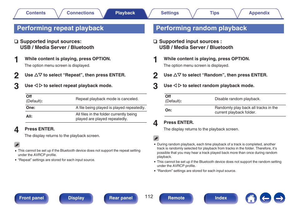 Performing repeat playback, Performing random playback, Performing repeat playback” (v p. 112) | Performing random playback” (v p. 112) | Marantz NR1606 User Manual | Page 112 / 291