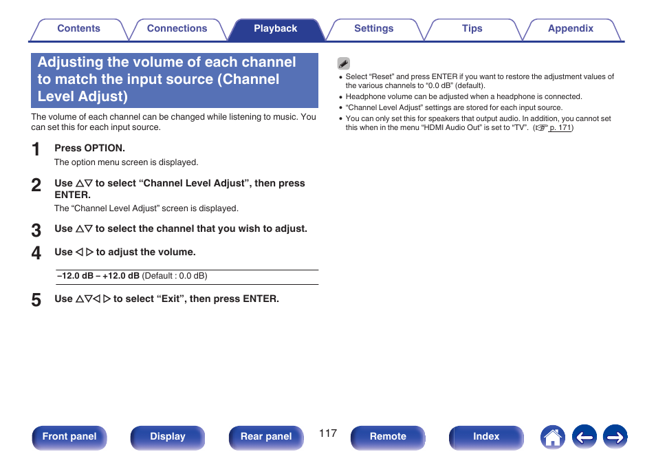 Channel level adjust), Channel level adjust)” (v p. 117) | Marantz NR1606 User Manual | Page 117 / 291