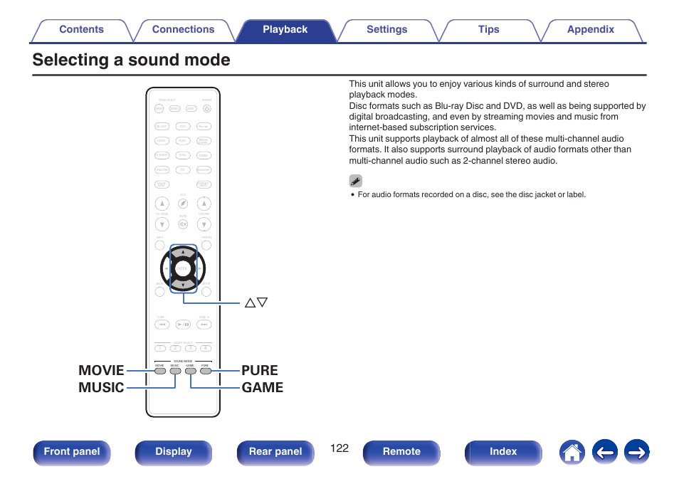 Selecting a sound mode, Switching the sound mode. (v p. 122), V p. 122) | Surround playback ( v p. 122), Pure movie music game ui, Front panel display rear panel remote index | Marantz NR1606 User Manual | Page 122 / 291