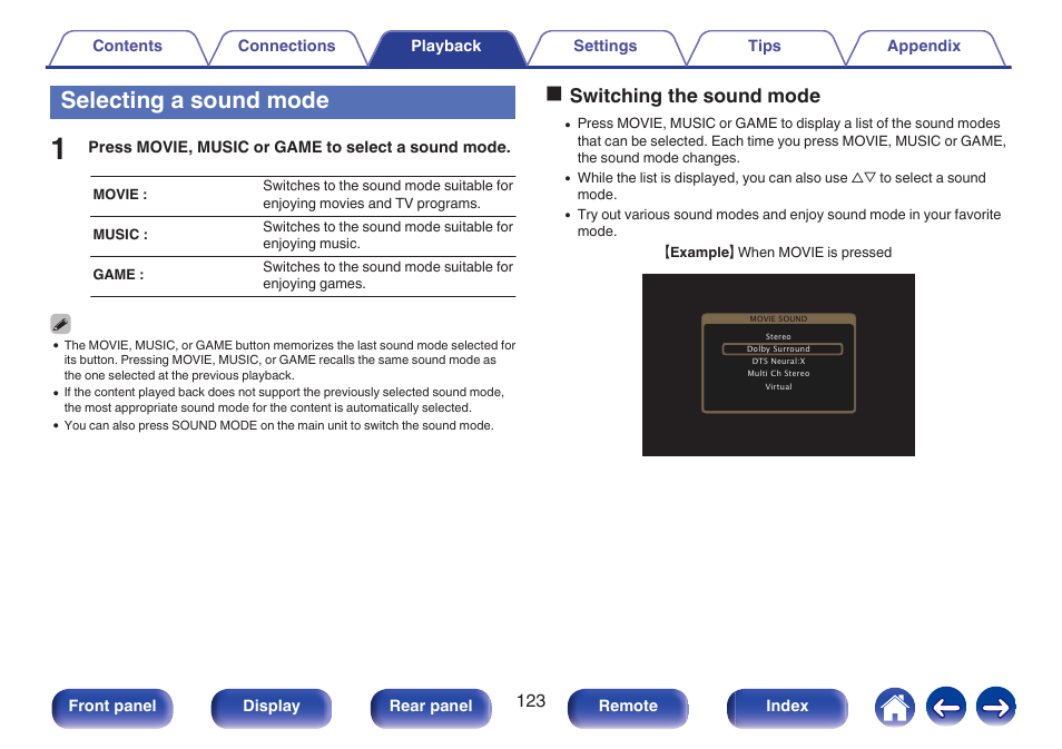 Selecting a sound mode, Oswitching the sound mode | Marantz NR1606 User Manual | Page 123 / 291