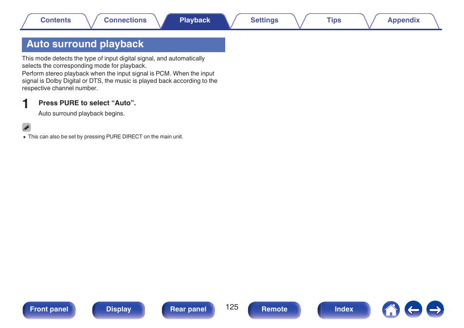 Auto surround playback, Auto surround playback” (v p. 125) | Marantz NR1606 User Manual | Page 125 / 291