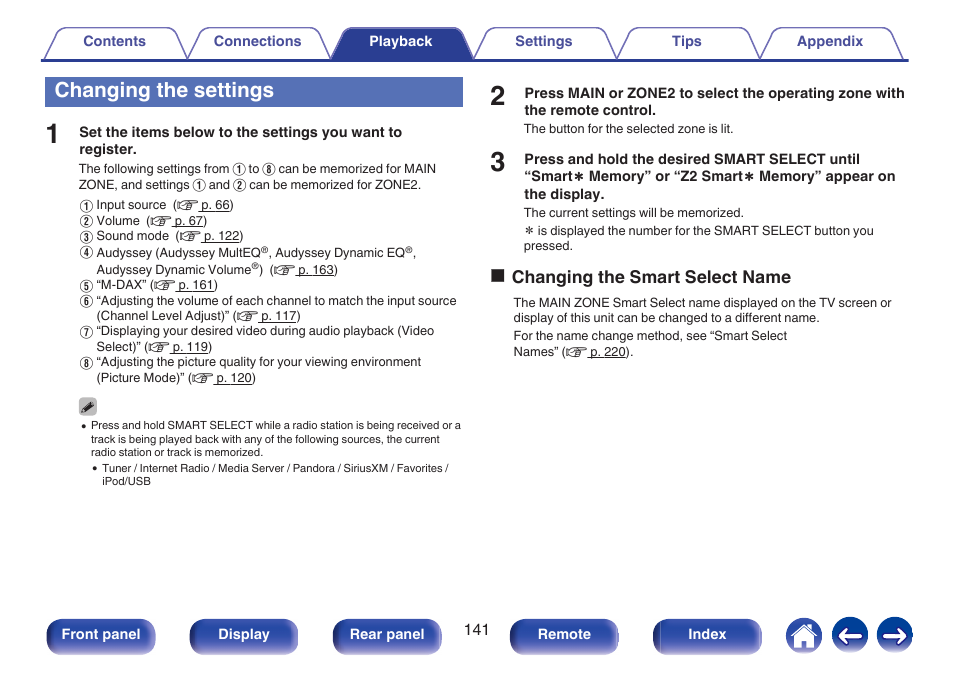 Changing the settings, Ochanging the smart select name | Marantz NR1606 User Manual | Page 141 / 291