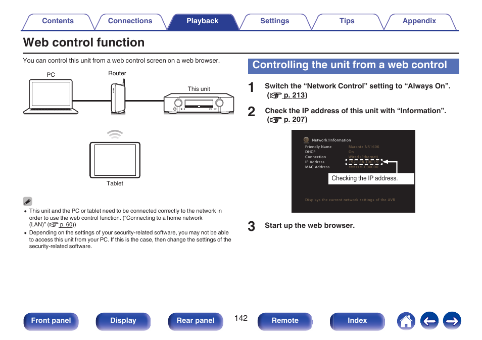 Web control function, Controlling the unit from a web control | Marantz NR1606 User Manual | Page 142 / 291