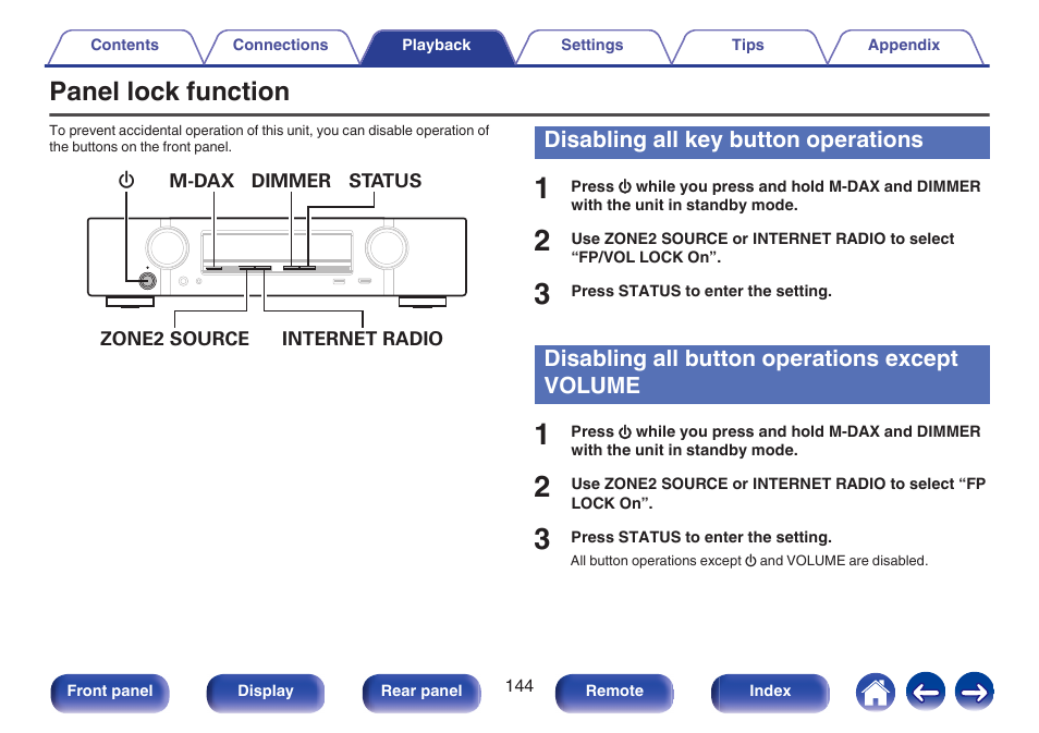 Panel lock function, Disabling all key button operations, Disabling all button operations except volume | Marantz NR1606 User Manual | Page 144 / 291