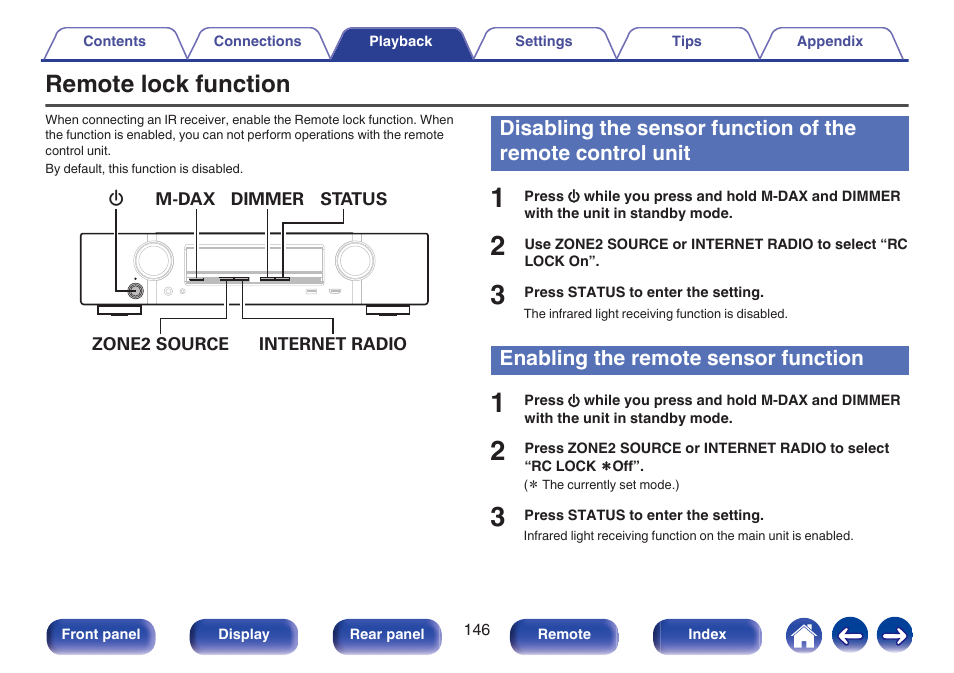 Remote lock function, Enabling the remote sensor function, Remote lock function” (v p. 146)) | Marantz NR1606 User Manual | Page 146 / 291