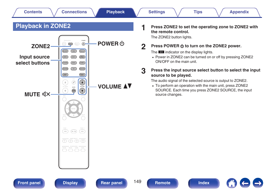 Playback in zone2, V p. 149), Playback in zone2” (v p. 149) | Zone2 mute power volume x df, Input source select buttons, Press power x to turn on the zone2 power, Front panel display rear panel remote index | Marantz NR1606 User Manual | Page 149 / 291