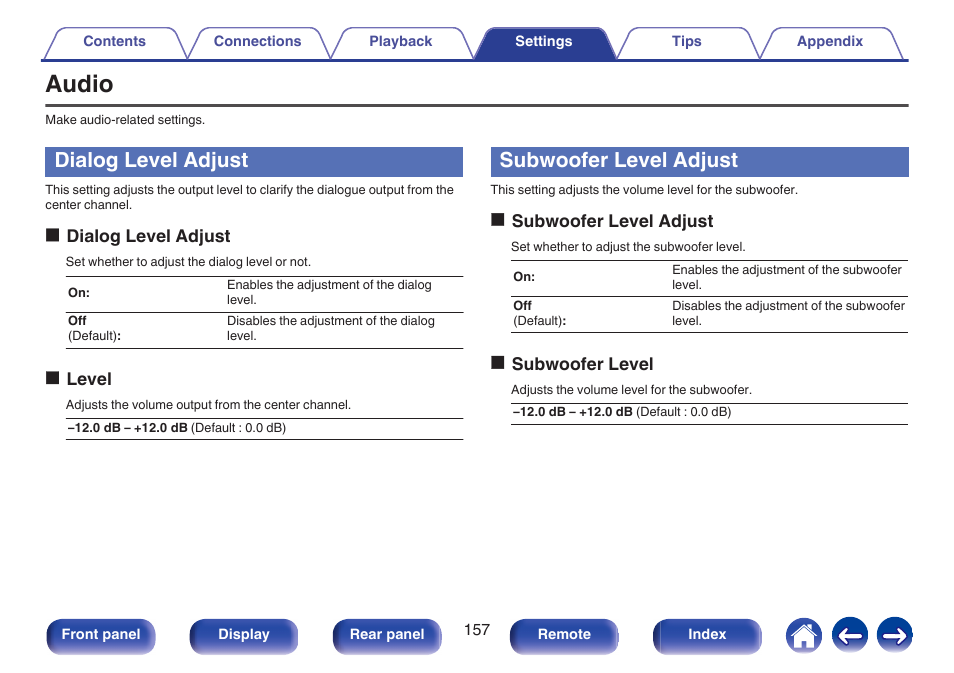 Audio, Dialog level adjust, Subwoofer level adjust | Marantz NR1606 User Manual | Page 157 / 291