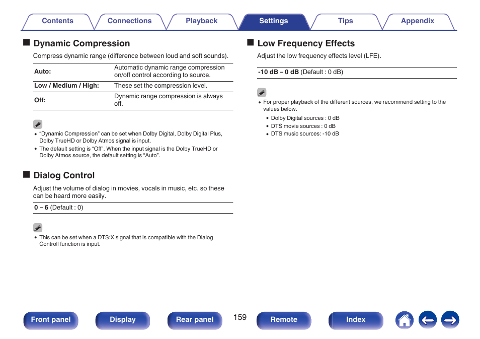 Odynamic compression, Odialog control, Olow frequency effects | Marantz NR1606 User Manual | Page 159 / 291