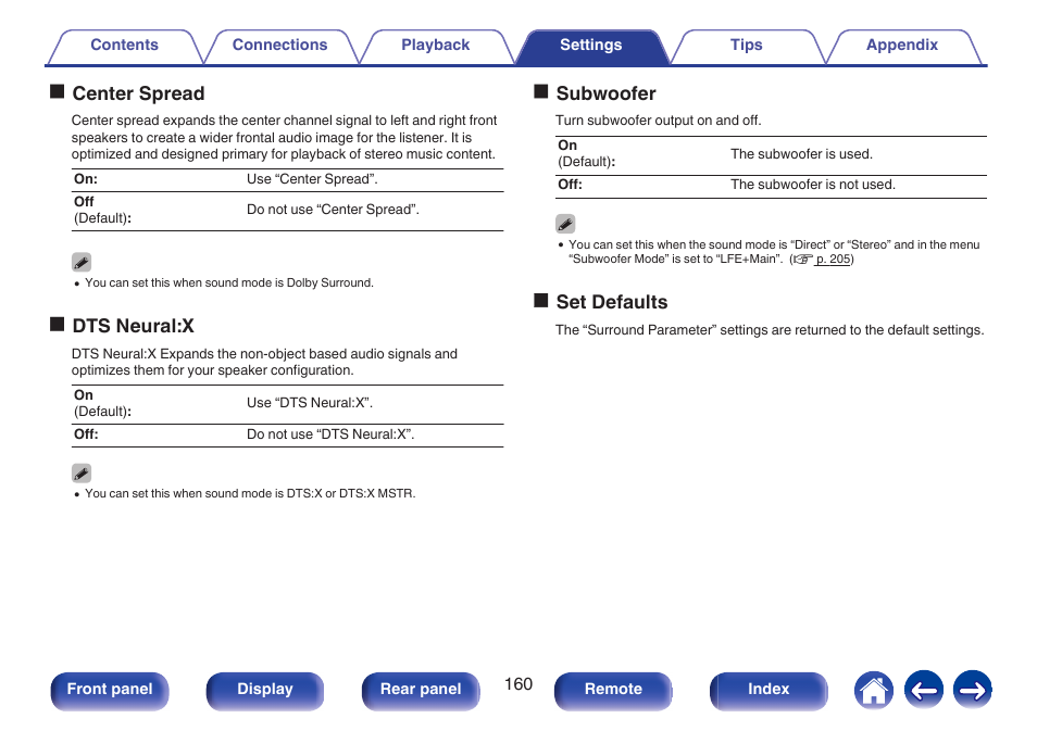Ocenter spread, Odts neural:x, Osubwoofer | Oset defaults | Marantz NR1606 User Manual | Page 160 / 291