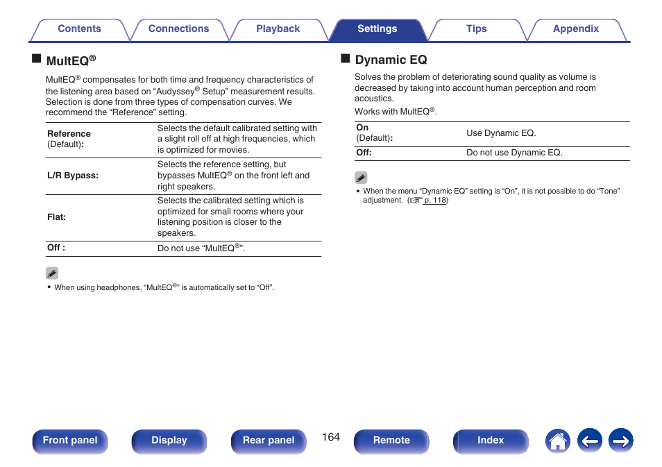 V p. 164), Dynamic eq (v p. 164), O multeq | Odynamic eq | Marantz NR1606 User Manual | Page 164 / 291