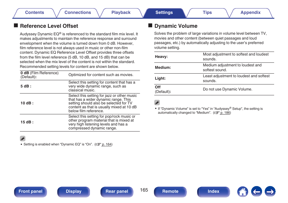 Dynamic volume (v p. 165), Oreference level offset, Odynamic volume | Marantz NR1606 User Manual | Page 165 / 291