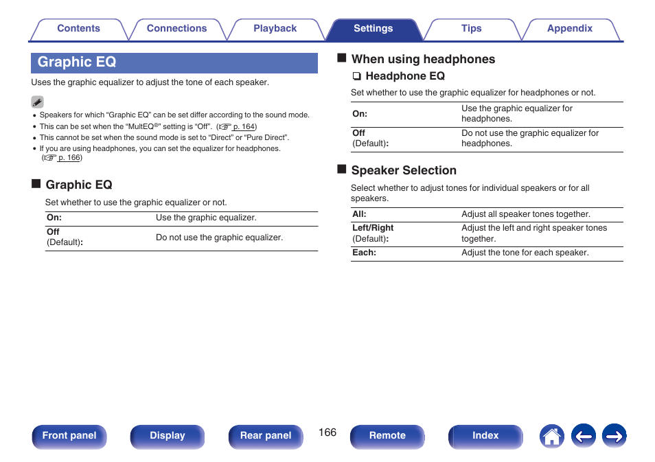 Graphic eq, V p. 166), Ographic eq | Owhen using headphones, Ospeaker selection | Marantz NR1606 User Manual | Page 166 / 291