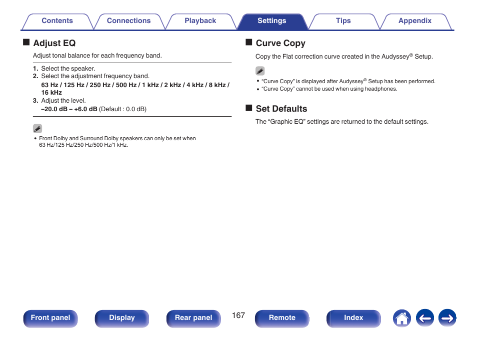 Oadjust eq, Ocurve copy, Oset defaults | Marantz NR1606 User Manual | Page 167 / 291