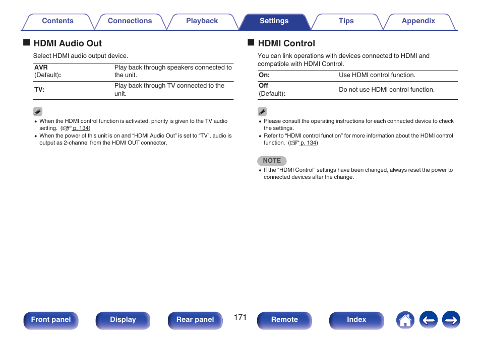 When “hdmi control” is set to “on” (v p. 171), Is set to “tv”. (v p. 171), V p. 171) | Set “hdmi control” to “on”. (v p. 171), Tv. ( v p. 171), Ohdmi audio out, Ohdmi control | Marantz NR1606 User Manual | Page 171 / 291