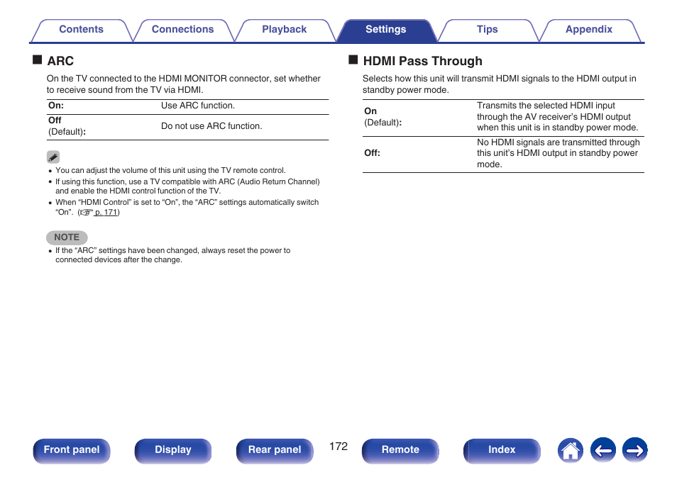 When “hdmi pass through” is set to “on” (v p. 172), Oarc, Ohdmi pass through | Marantz NR1606 User Manual | Page 172 / 291