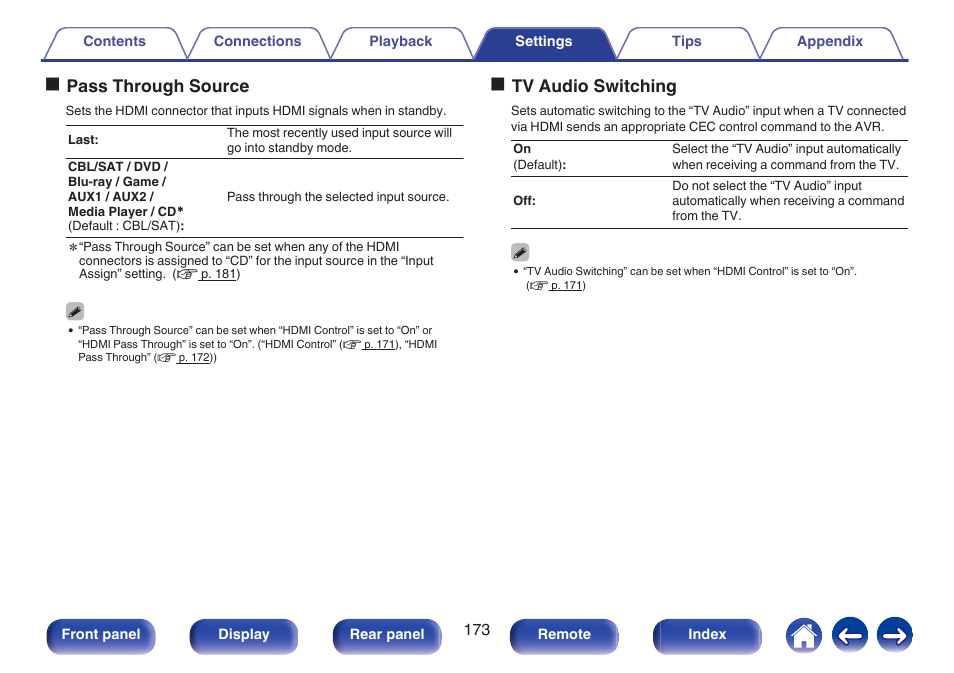 Opass through source, Otv audio switching | Marantz NR1606 User Manual | Page 173 / 291
