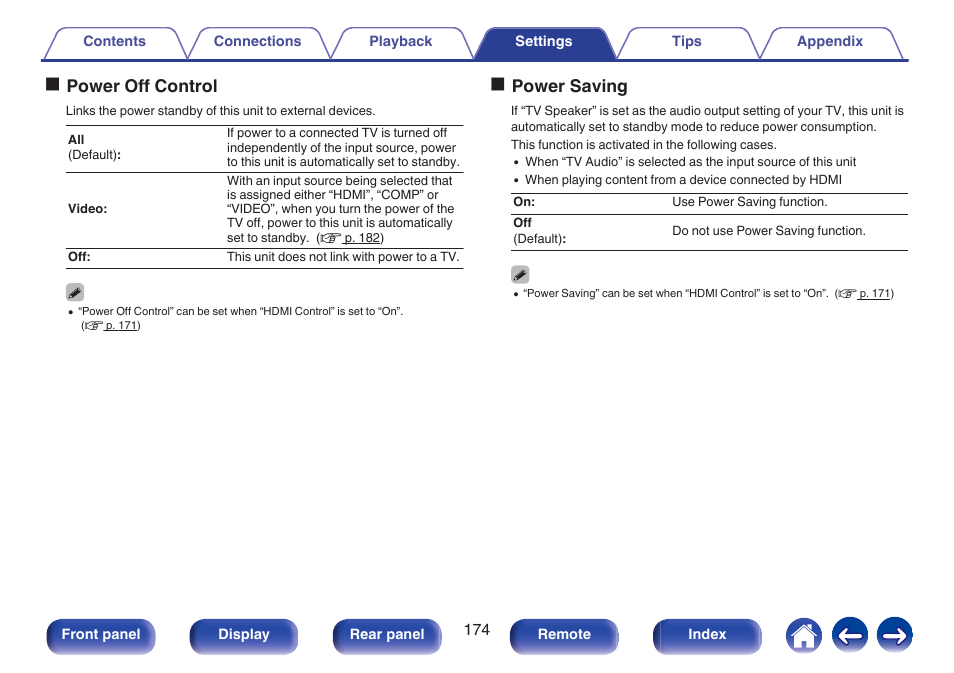 Opower off control, Opower saving | Marantz NR1606 User Manual | Page 174 / 291