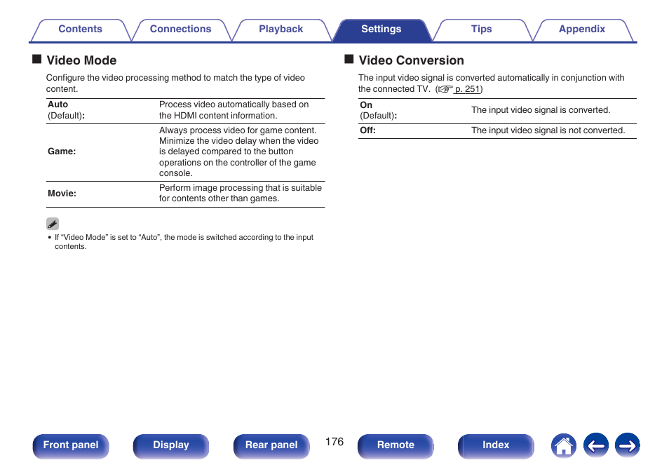 Game”. (v p. 176), V p. 176), Ovideo mode | Ovideo conversion | Marantz NR1606 User Manual | Page 176 / 291