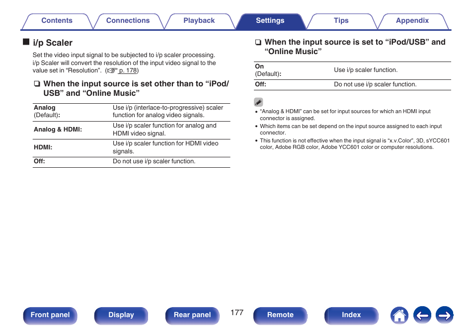 I/p scaler” (v p. 177), “resolution, Oi/p scaler | Marantz NR1606 User Manual | Page 177 / 291