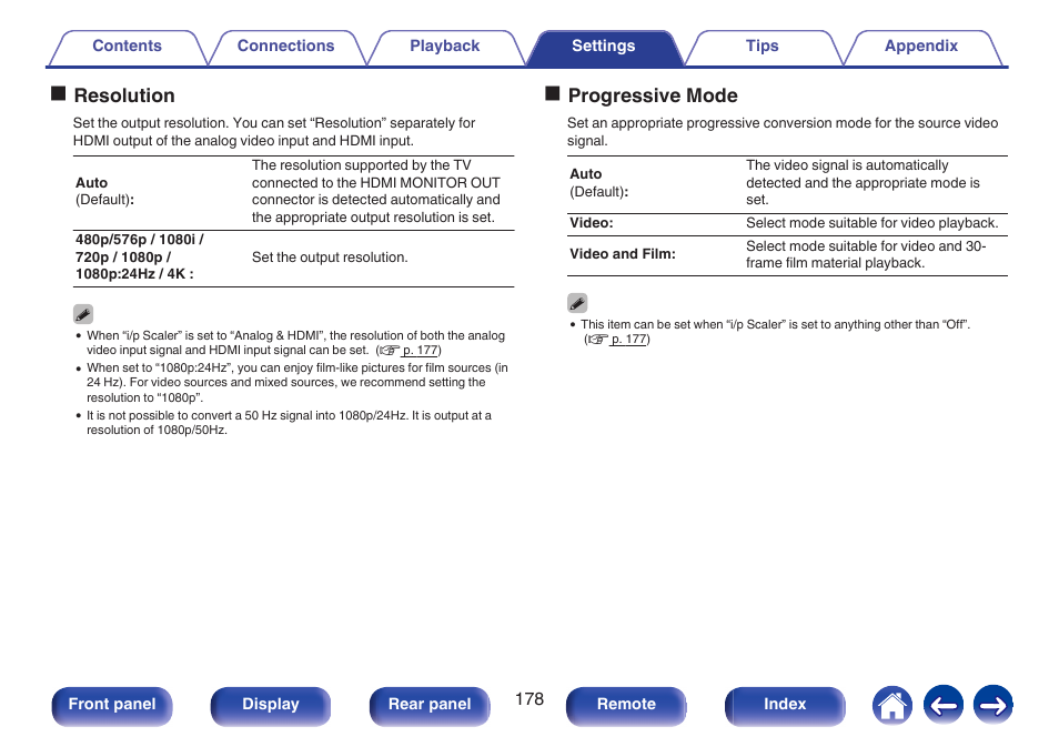 Resolution) to hd (720p/1080p) and 4k ( v p. 178), Mode” (v p. 178), “aspect ratio, V p. 178), “progressive | Value set in “resolution”. (v p. 178), Oresolution, Oprogressive mode | Marantz NR1606 User Manual | Page 178 / 291