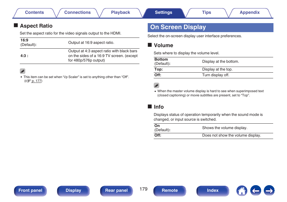 On screen display, V p. 179)), Oaspect ratio | Ovolume, Oinfo | Marantz NR1606 User Manual | Page 179 / 291