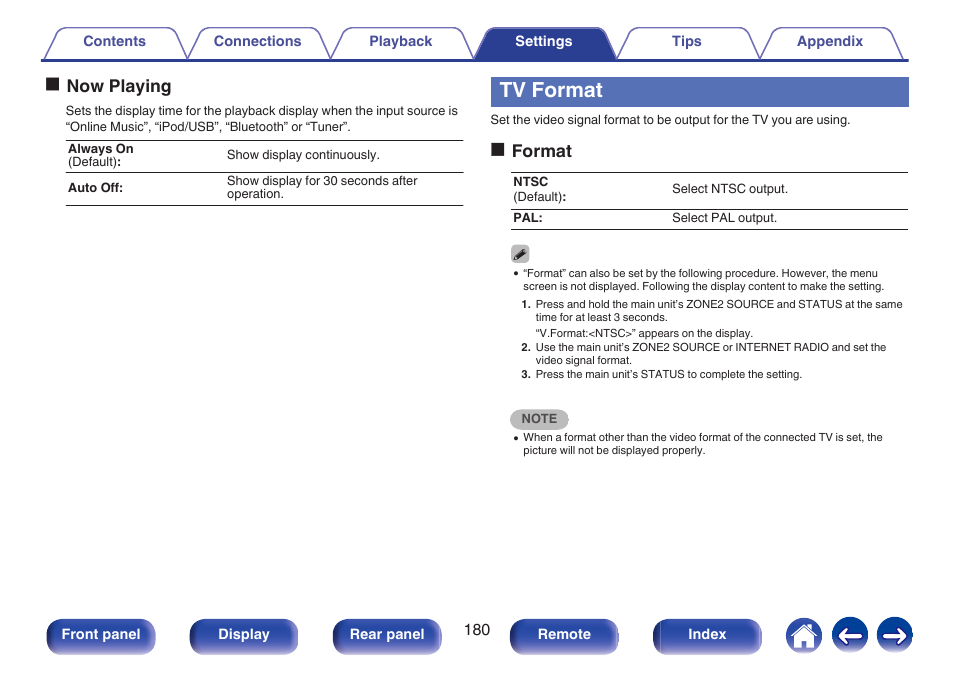 Tv format, Onow playing, Oformat | Marantz NR1606 User Manual | Page 180 / 291