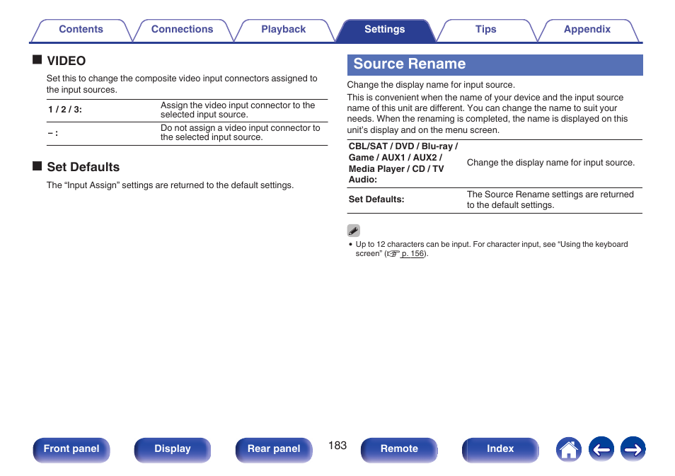 Source rename, Source rename (v p. 183), Ovideo | Oset defaults | Marantz NR1606 User Manual | Page 183 / 291